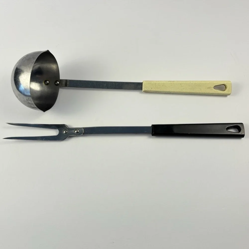 Kaylan Stainless Steel Black Handle Meat Fork And White Handle Ladle Retro